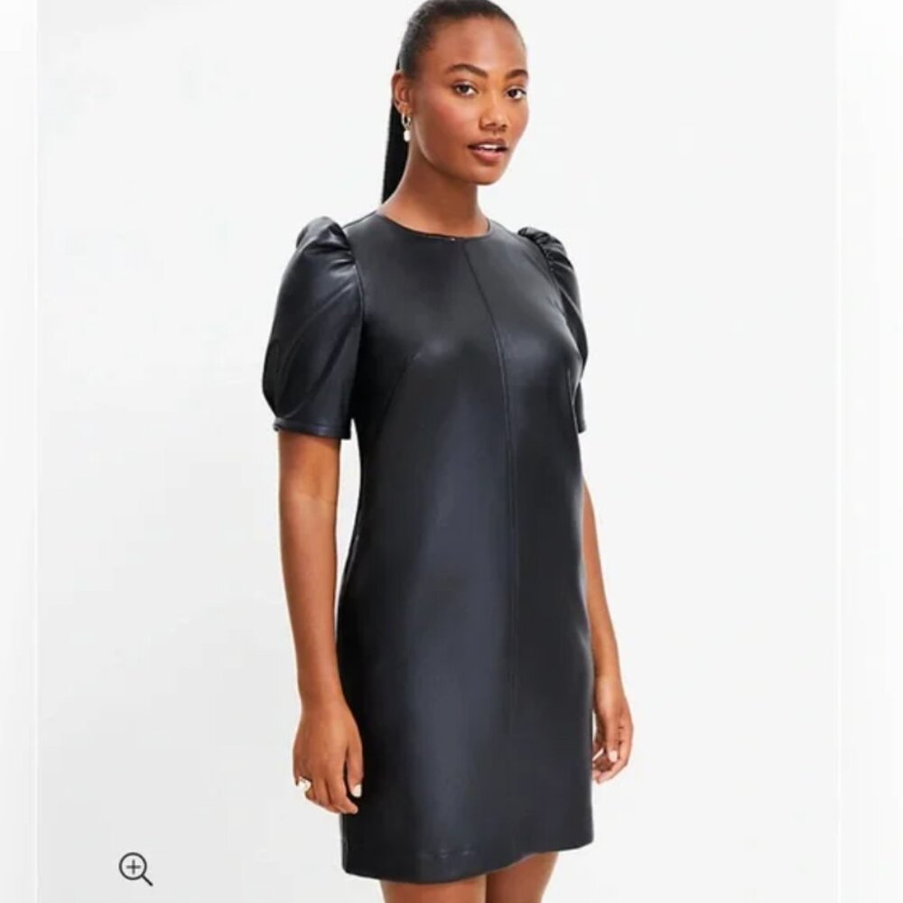 LOFT Black Faux Leather Puff Sleeve Shift Dress Size 12